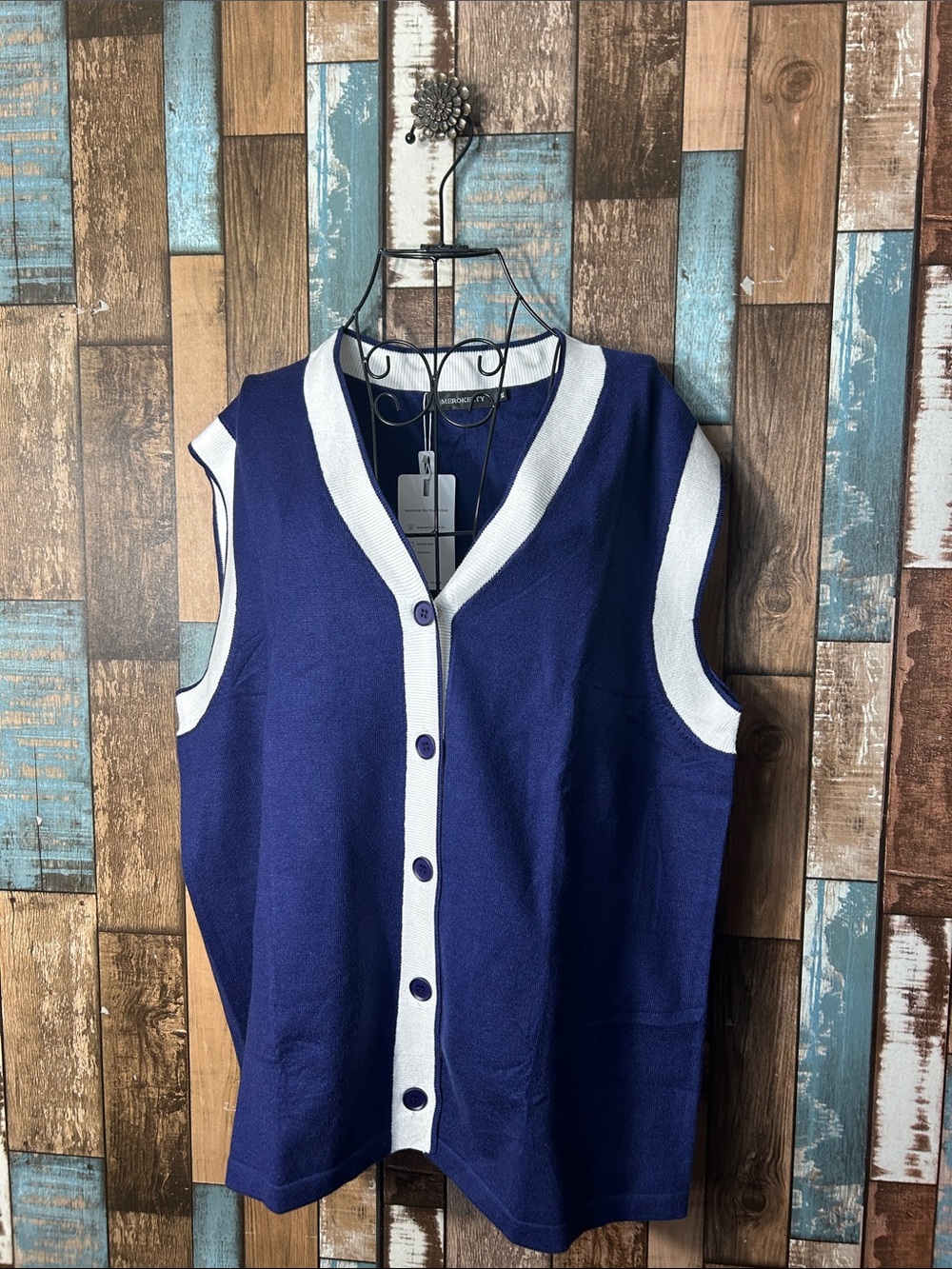 Sleeveless Knit Button Vest in Navy with White Trim